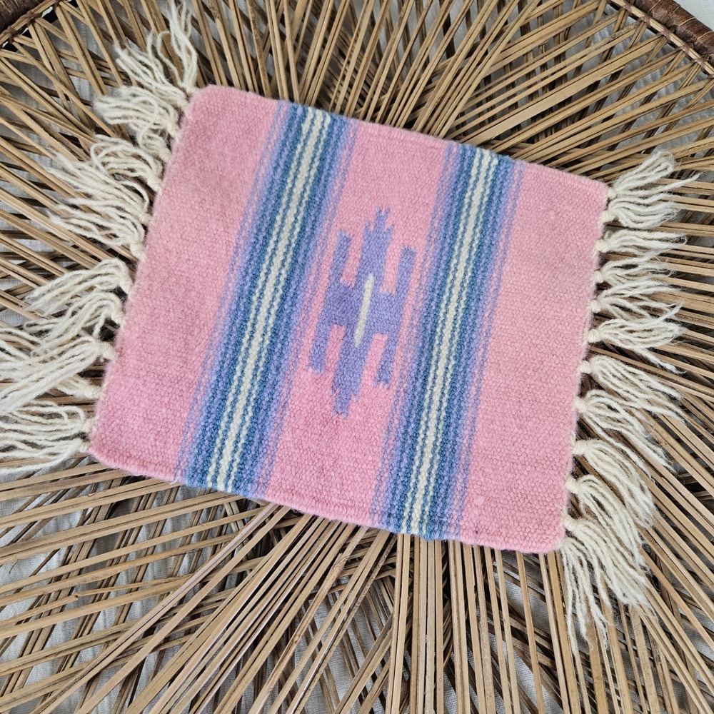 Woven Southwestern Coaster Mat Decor Pink‎ Blue Ivory Fringe 9x14"